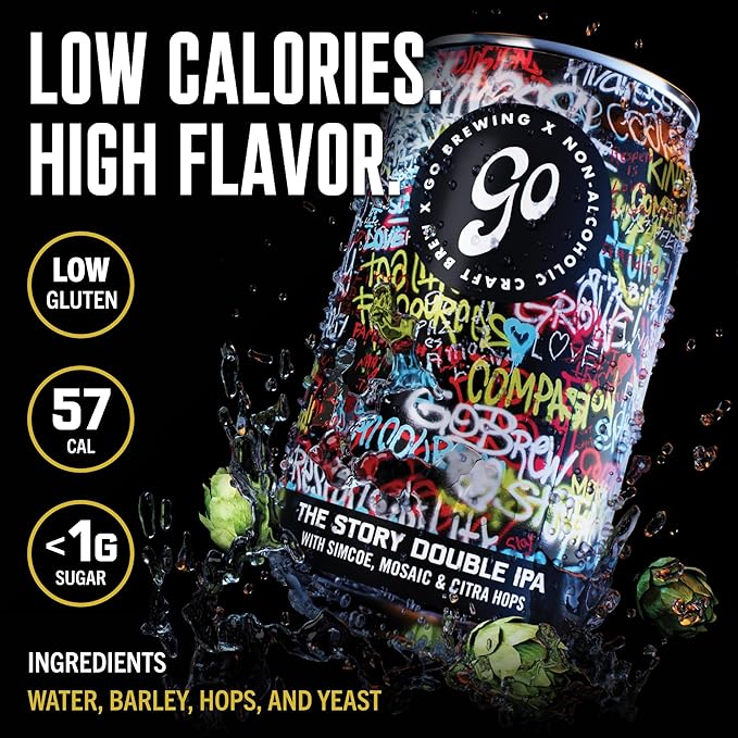 Go Brewing - Not Just Another Story Double IPA - Non-Alcoholic Craft Brew - Small Batch, Low-Calorie - Bold Grapefruit & Tropical Papaya Flavor - Smooth Finish, Classic Ingredients (12 Oz, 12 Cans)