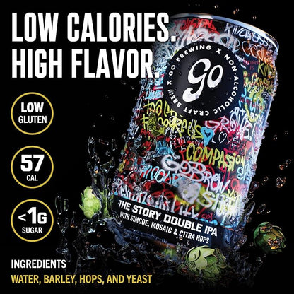Go Brewing - Not Just Another Story Double IPA - Non-Alcoholic Craft Brew - Small Batch, Low-Calorie - Bold Grapefruit & Tropical Papaya Flavor - Smooth Finish, Classic Ingredients (12 Oz, 12 Cans)