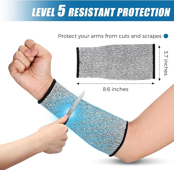 2 Pairs Cut Resistant Sleeve Arm Protection Level 5 Protection Safety Protective Sleeves Arm Protectors for Men Women(8.6 x 3.7 Inches,Blue, Gray)