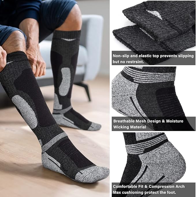 Merino Wool Ski Socks 2 Pairs for Mens Womens Knee High Thermal Snowboarding Socks for Cold Weather