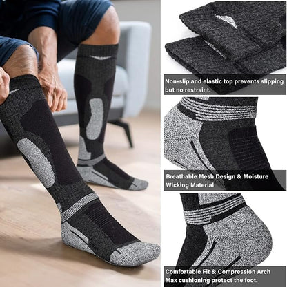 Merino Wool Ski Socks 2 Pairs for Mens Womens Knee High Thermal Snowboarding Socks for Cold Weather