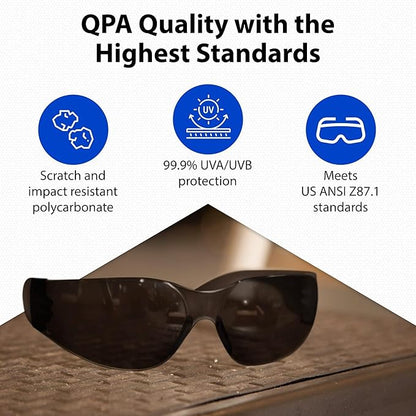 Quest Protective Apparel Safety Glasses for Men and Women - Anti Fog Safety Goggles for Shooting, Lab, or Construction – Polycarbonate Eye Protection [Smoke & Pack of 6]
