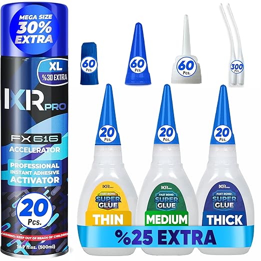 CA Glue with Activator Kit (60x1.75 oz. Thin-Medium-Thick + 20x16.9 fl.oz.) Cyanoacrylate Glue and Activator, Super Glue Accelerator, Super Glue for Wood, Woodworking, Plastic, Guitar, 3D Printing