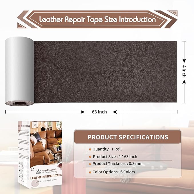 KING MOUNTAIN Leather Repair Patch,4 x 63 Inches self Adhesive Leather Repair Tape for Damaged Leather Furniture, Sofa Seating,Car Seats, Leather Goods（Chocolate Brown）