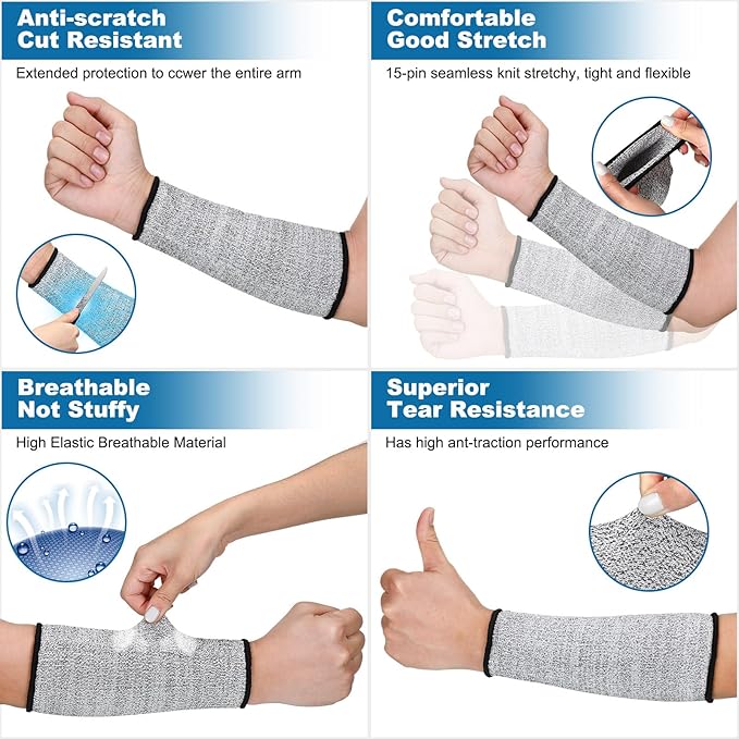 2 Pairs Cut Resistant Sleeve Arm Protection Level 5 Protection Safety Protective Sleeves Arm Protectors for Men Women(8.6 x 3.7 Inches,Black, Gray)