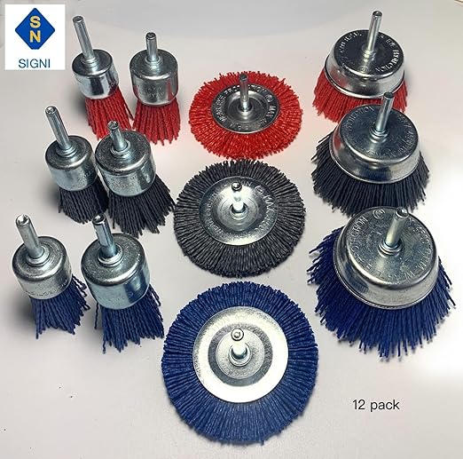 Signi 12 Pack Nylon Bristle Filament Abrasive Brush Drill Wheel and Cup Brush Set with 1/4 Inch Shank, Surface prep Remove Rust/Corrosion/Paint (2.5" Wheel, Straight Shank)