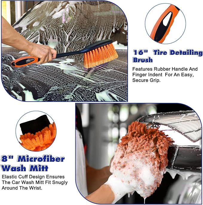 SKGPOLE 26Ft Reach Car Wash Kit with 5-20FT Telescopic Extension Pole, Car Wash Brush with Long Handle, Wheel Tire Brush, Car Wash Mop, Mitt, Squeegee for Cleaning Car, SUV, RV, Boats, Solar Panels