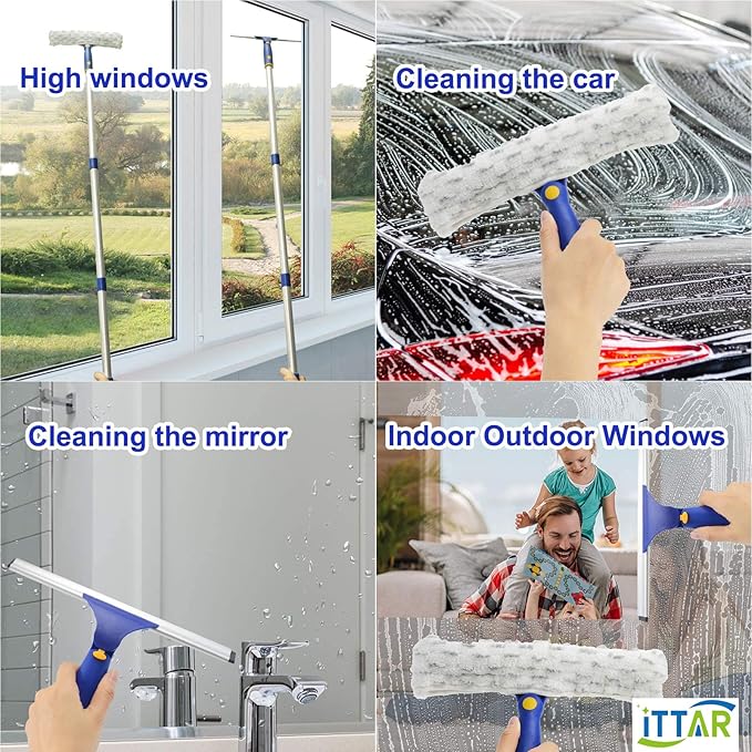 ITTAR Rotatable Window Washing Kit, Window Cleaner Squeegee with 60" Extension Pole, Rubber Squeegee & 2 Microfiber Scrubber Combo, Window Washing Equipment for Cleaning Shower, Windows, Car Glass