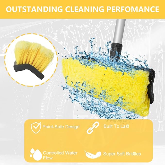 Car Wash Brush with 65'' Long Handle, Soft Bristle Car Washing Brush with Detachable Handle and Hose Attachment for RV, Boat, Car, House Siding, Floors
