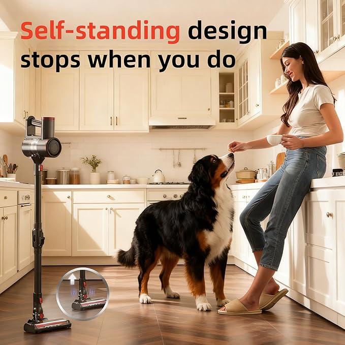 RONEAIR Cordless Vacuum Cleaner,Cleans Under Furniture Without Bending,450W 40Kpa 45Min Vacuum Cleaners for Home,Self-Standing,Powerful Stick Vacuum Cordless for Hard Floors,Carpets,Pet Hair,Car