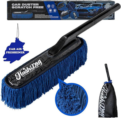 Flash Dog Car Duster Exterior - 25" Wood Handle Wax Cotton Hair Scratch Free Cleaning for Cars/SUV/Truck/RV Roofs & Windshields | Waterless Dust & Pollen Remover