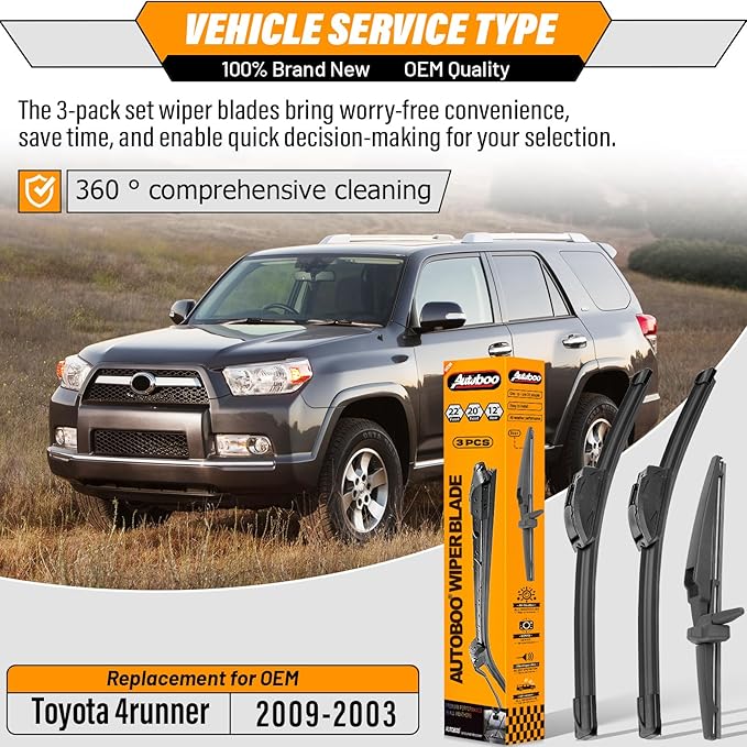 AUTOBOO 22"+20" Windshield Wipers with 12 Inch Rear Wiper Blade Replacement for Toyota 4runner 2003 2004 2005 2006 2007 2008 2009 -Original Factory Quality (Pack of 3)