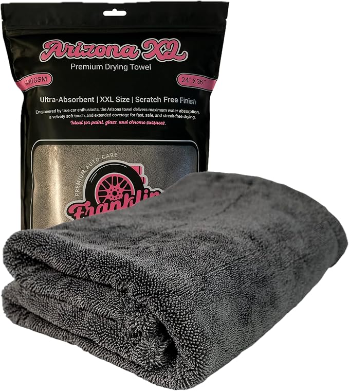Franklin Shine Arizona XL Microfiber Car Drying Towel – 24”x36” – 1400 GSM Double Twisted Loop – Ultra Absorbent, Streak-Free, for Men Gifts for Men – Car Detailing Towel for Professionals