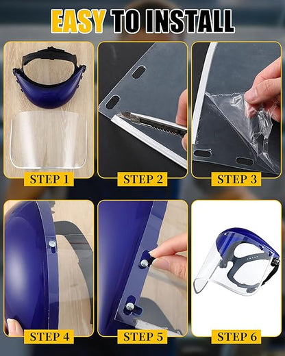 Copkim Safety Face Shield for Grinding and Cutting with 10 Pcs Replacement Clear Visor Full Impact Resistant Face Shield Protection Mask for Work Construction Weed Whacking Woodworking (Aluminum Edge)