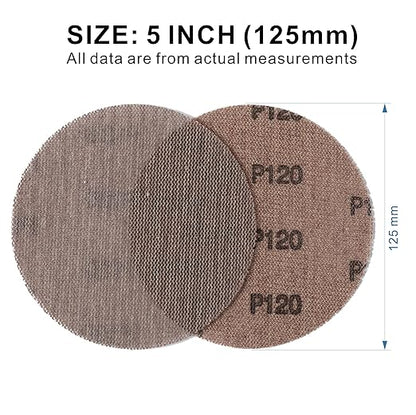 120GRIT 50pcs 5-Inch Mesh Abrasive Sanding Discs Hook & Loop Sandpaper, Dust Free Anti-Blocking Net Sandpaper Sheets for Auto Body, Wood, Drywall, Metal