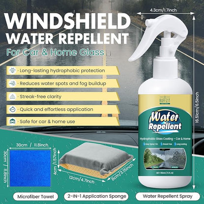 BUFFZIT Water Repellent Spray Car Windshield Rain Repellent, Long Lasting Hydrophobic Waterproof Glass Treatment, Streak-Free Clear Vision for Automotive Glass, Windows & Mirrors, 5 fl oz / 150ml