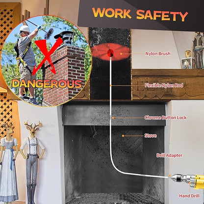 Cleancraft 16 Feet Chimney Sweep Kit, Chimney Cleaning Kit with 5 Flexible Chimney Rods, Rotary Chimney Cleaning System Driven by Drill for Sweeping Fireplace, Chimney Cleaners with Strong Brush