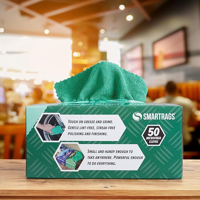 Arkwright Smart Rags in Box - (Pack of 50) Lint Free Microfiber Cleaning Cloth, Scratch & Streak-Free, Dispensable Wash Towels for Cars, Window Glass, and Auto Shop, 12 x 12 in, Green