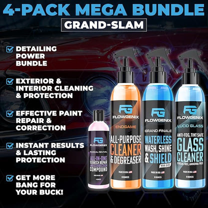 Grand Slam 4-Pack Includes Waterless Car Wash Spray + Instant Car Scratch Remover Repair + Streak Free Window and Glass Cleaner + All Purpose Cleaner for Auto Detailing, 2 Microfiber Towels