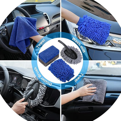 AUTODECO 41Pcs Car Cleaning Wash Kit Interior Detailing Cleaner Kit with High Power Handheld Vacuum, Collapsible Bucket, Windshield Tool, Snow Shovel, Tire Brush, Complete Car Care Tools, Blue