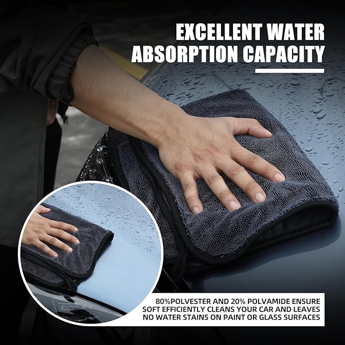 2Pack1300 microfiber towels for cars 36“ x 24” & 24“ x 16” and 2 Double Sided Car Wash Mitts Set, Super Absorbent, Scratch-Free, Reusable, For Car Detailing, Washing, Waxing, Motorcycle, Windows
