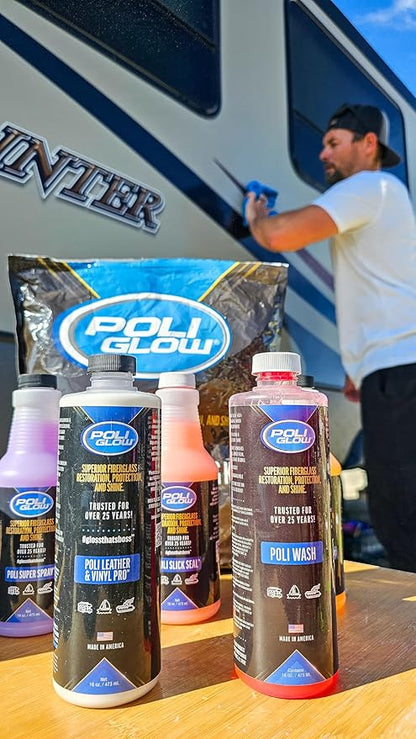 Poli Glow® 16 oz Vehicle Detailing Kit – All-in-One Cleaner & Protectant Set for Cars, Boats & RVs – Includes Interior, Exterior, Leather & Ceramic Detailers + Microfiber Towels – 7-Piece Kit
