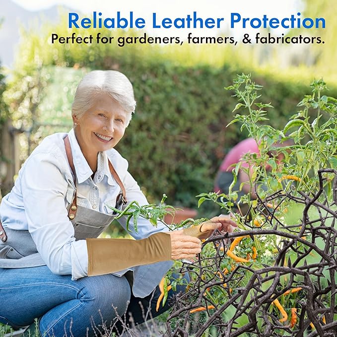 Arm Chaps Leather Protective Sleeves Arm Guard - Prevent Cuts, Scratches & Bruises - Genuine Cowhide - Ideal for Gardening & Construction - Left & Right Form-Fitting. Tan (1 Pair/X-Large).