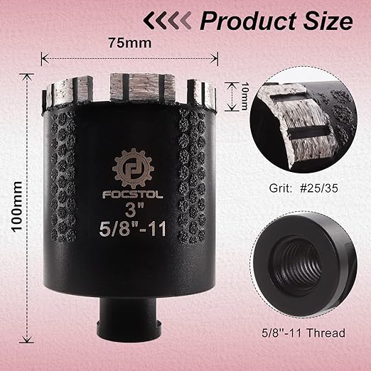 Diamond Core Drill Bit - FOCSTOL 3''(75mm) Laser Welded Hole Saw for Dry or Wet Drilling Granite Marble Concrete Quartz 5/8''-11 Thread
