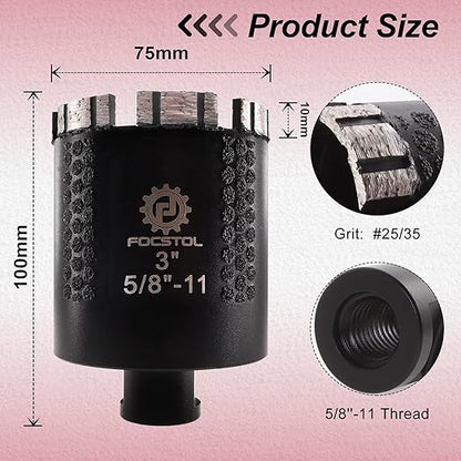 Diamond Core Drill Bit - FOCSTOL 3''(75mm) Laser Welded Hole Saw for Dry or Wet Drilling Granite Marble Concrete Quartz 5/8''-11 Thread