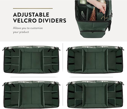 ZOBER All in One Christmas Ornament Storage Box & Decoration Container - Easy Access Removable Trays, Keeps 73 Ornaments - Adjustable Extent Area for Figurines and Pockets for Decoration - Green