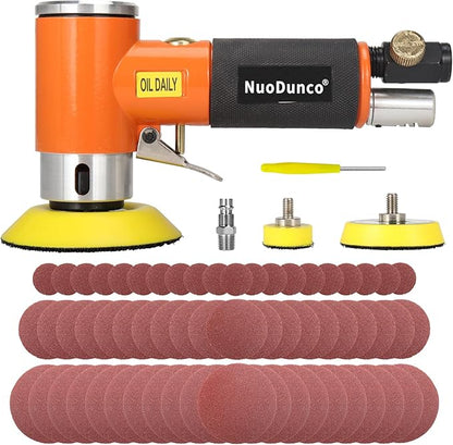 NuoDunco 1/2/3 Inch Mini Random Orbital Air Sander Kit Industrial Grade Pneumatic Sander for Auto Body Work with 60 Pcs 1"2"3" Hook & Loop Sanding Discs for Metal & Woodworking
