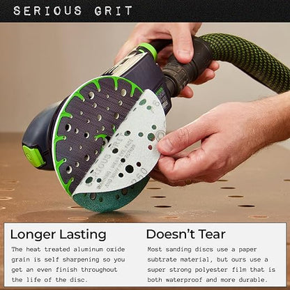 Serious Grit - 6-Inch 49-Hole 100 Grit Sanding Discs - Heavy-Duty Hook & Loop Film Discs - Sandpaper for Random Orbital Sanders - 50 Pack Box