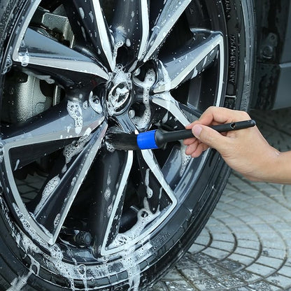 TAKAVU Short Handle Wheel Tire Brush & Included Detail Brush - Car Cleaning Kit for Rims, Tires, Interior Vents, Emblems - Scratch-Safe (Blue - Stiff Bristle)