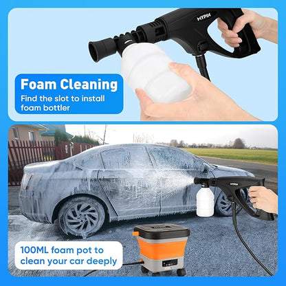 660PSI Portable Cordless Pressure Washer with Folding 3.4Gal Tank, 6-in-1 Nozzle, 7 Adjustable Pressure Levels, 7M Hose, Portable Sprayer with Wheels for Car Floor Wall Fence Cleaning (Orange)