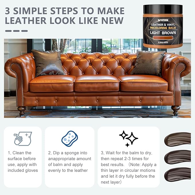 WYCOON Leather Recoloring Balm & Color Restorer | Black Leather Dye, Paint & Repair Kit for Furniture, Couches, Car Seats, Shoes| Restore Faded & Scratched Surfaces