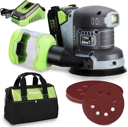 WORKPRO Cordless Random Orbital Sander Brushless 6 Variable Speeds 6000 to 12000 OPM, 20V 5in Electric Orbit Sander for Woodworking with Battery, Charger, Dust Collector, Tool Bag,15 Pcs Sanding Discs