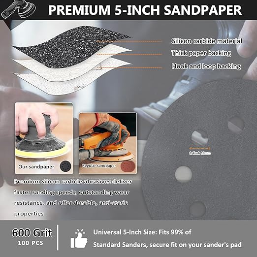 100PCS 5 Inch Hook and Loop Sanding Discs 600 Grit, 8 Hole Wet Dry Orbital Sander Sand Paper, Silicon Carbide Sandpaper for Automotive Wood Metal Glass