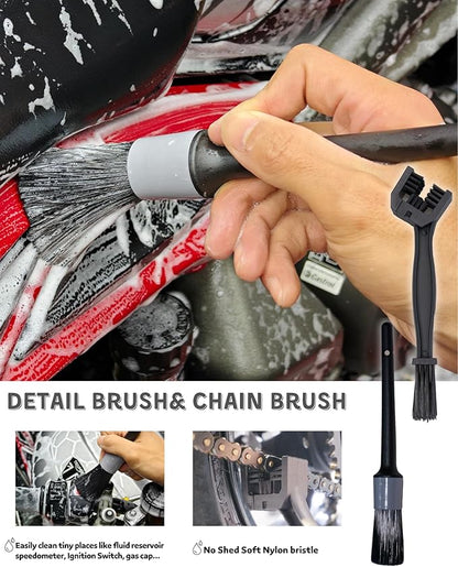 oesee 8 Pack Motorcycle Cleaning Kit - Professional Safe for Chrome/Engine/Tires, Hard Reach Brush, Microfiber Mitt, Detailing Tools, Drying Towel & Wax Applicators