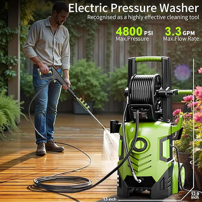 2025New Pressure Washer 4800PSI, 34" Tall, 4 Quick Connect Nozzles,Inlet Hose&Filter&500mlFoam Cannon for Cars/Fences/Driveways/Home Cleaning,Green