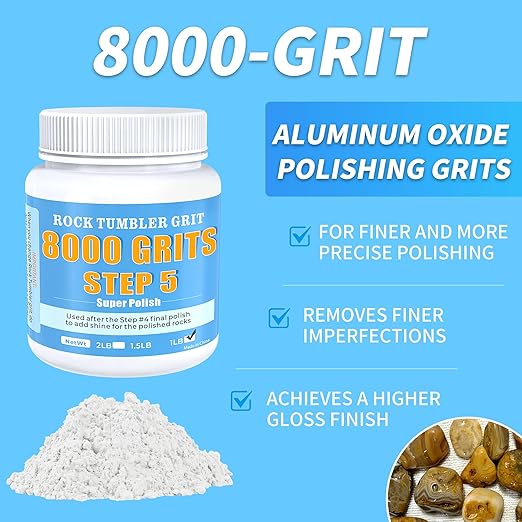 Rock Tumbler Grit - 8000 Grit Aluminum Oxide Polish for Final Step 5, Ultra-Fine Abrasive Powder for Rocks, Glass, Gems & Jewelry Making - Premium Polish Refill for High Gloss Finish, 1 Lb
