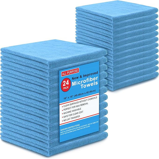 Microfiber Cleaning Towels, Pack of 24, Ultra Soft Plush Washcloth, All Purpose Premium Microfiber Detailing Cleaning Cloths Reusable Shop Towels (16" x 16", Sky Blue)
