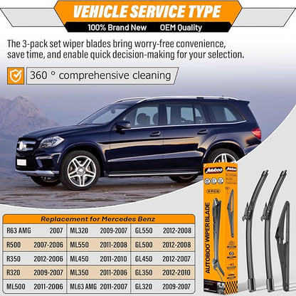 AUTOBOO 28"+21" Windshield Wipers with 12" Rear Wiper Blade Replacement for Mercedes-Benz ML-Class W164 2006-2011 ML320 ML350 ML550 ML63 2005-2012 X164 GL-Class W251 R-Class -Original Factory Quality