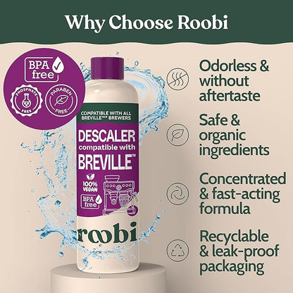Breville Compatible Descaling Solution. Specially Formulated to Clean & Descale your Breville Espresso Machine. 2 Uses per Bottle, 2 Pack. Eco-Friendly Carbon Neutral Descaler Kit.