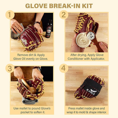 Eagle Glove Break in Kit - Glove Oil (8.45oz), Conditioner (3.38oz), Wrap, Mallet, Applicator & Cloth, 6-Pieces Set for Baseball Gloves, Softball Gloves