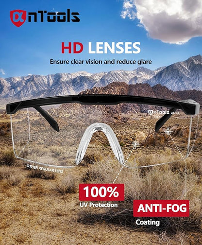 AnTools 2 Pack ANSI Z87+ Safety Glasses, Anti-Fog, Scratch-Resistant, Adjustable Temples, Clear Protective Eyewear, Lab Goggles