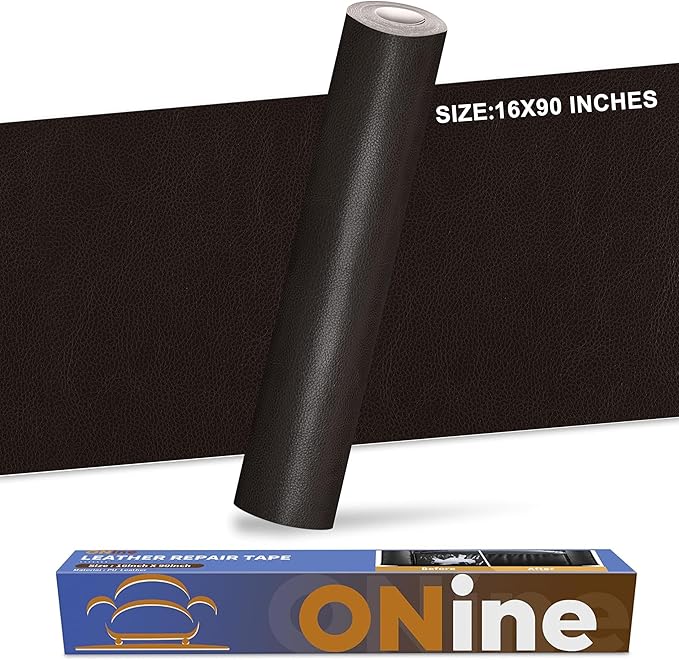 ONine Leather Repair Patch，Leather Repair Tape, 16 x 90 inches Leather Repair Patch for Furniture,Vinyl Repair kit，Leather Couch Patch，for Sofas, Furniture, car Seats(Black Brown)