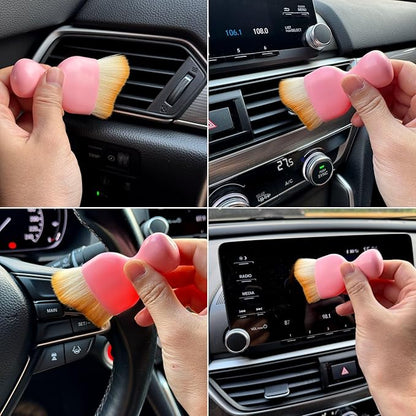 Car Detailing Brush, Soft Bristle Cleaning Brush, Scratch-Free Auto Duster Tool for Dashboard, Air Vents, Leather & Interior Cleaning (Pink&Brown with Cap)