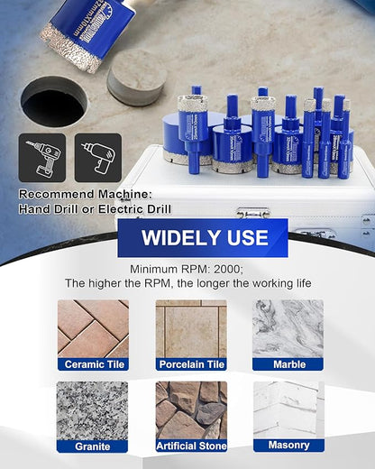 SHDIATOOL Diamond Drill Core Bits Set for Porcelain Triangle Shank Hole Saw Cutter for Tile Marble Ceramic Granite on Drill Machine 11pieces(6/8/10/20/25/28/32/35/45/50/65MM)