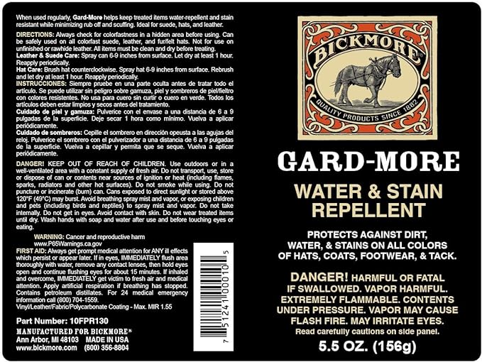 Bickmore Gard-More Water & Stain Repellent 5.5oz- Leather Protector and Suede Protector Waterproofing Spray Guard for Boots, Shoes, Clothing, Hats, Jackets & More