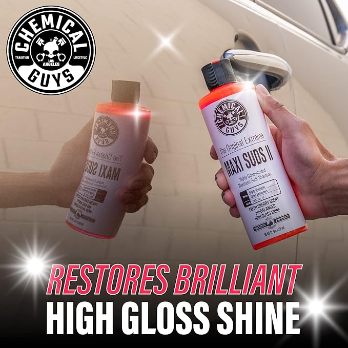 Chemical Guys Maxi Suds II Foaming Car Wash Soap – High Foam Car Wash Soap, Cherry Scent Shampoo and Gloss Booster for Foam Cannons, Guns or Buckets – Gentle, Safe for Trucks, SUVs, and RVs, 64 oz